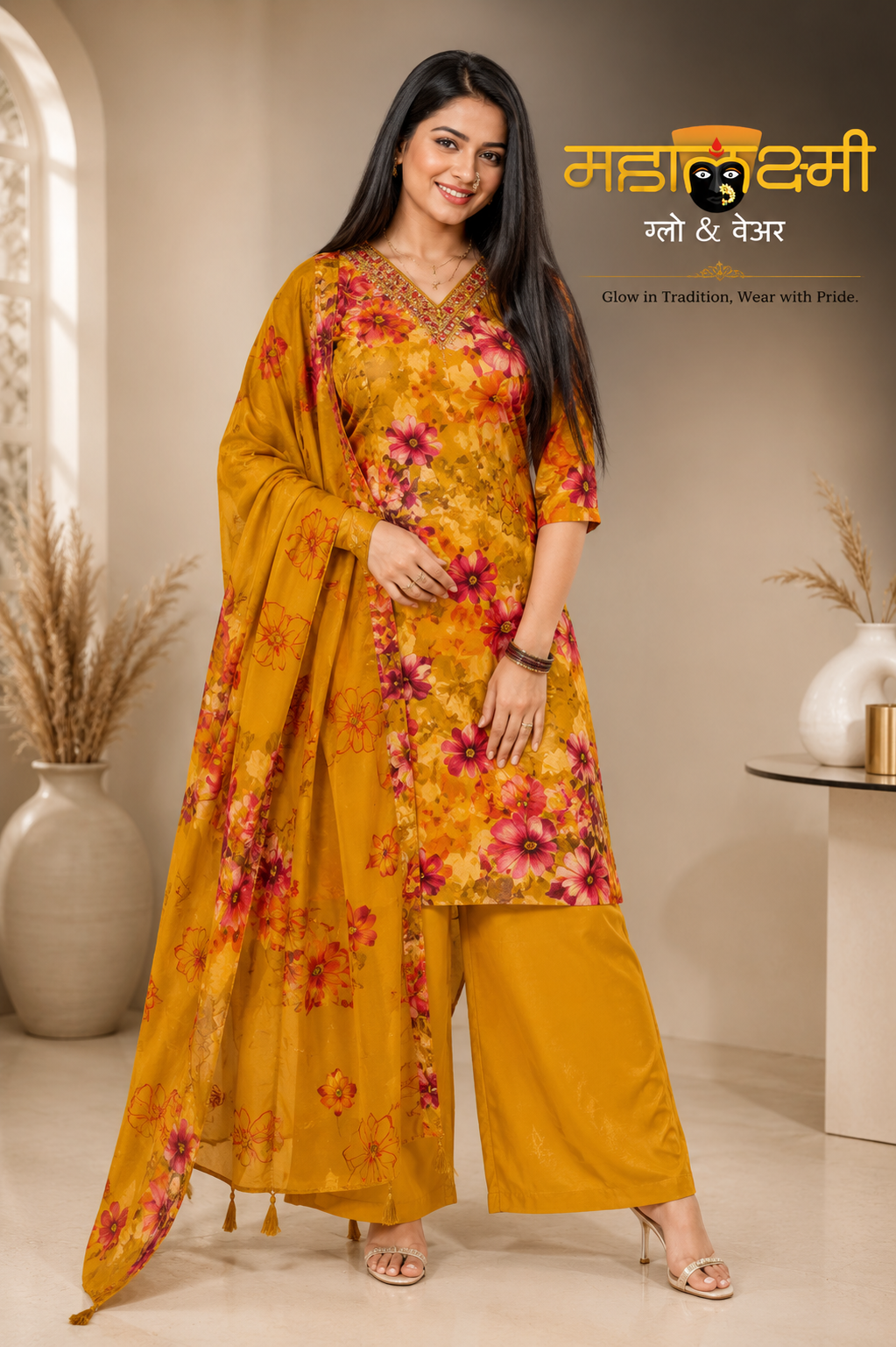 Mustard Yellow Floral Kurti Plazo Set with Dupatta