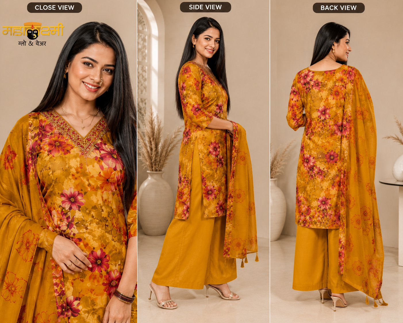 Mustard Yellow Floral Kurti Plazo Set with Dupatta
