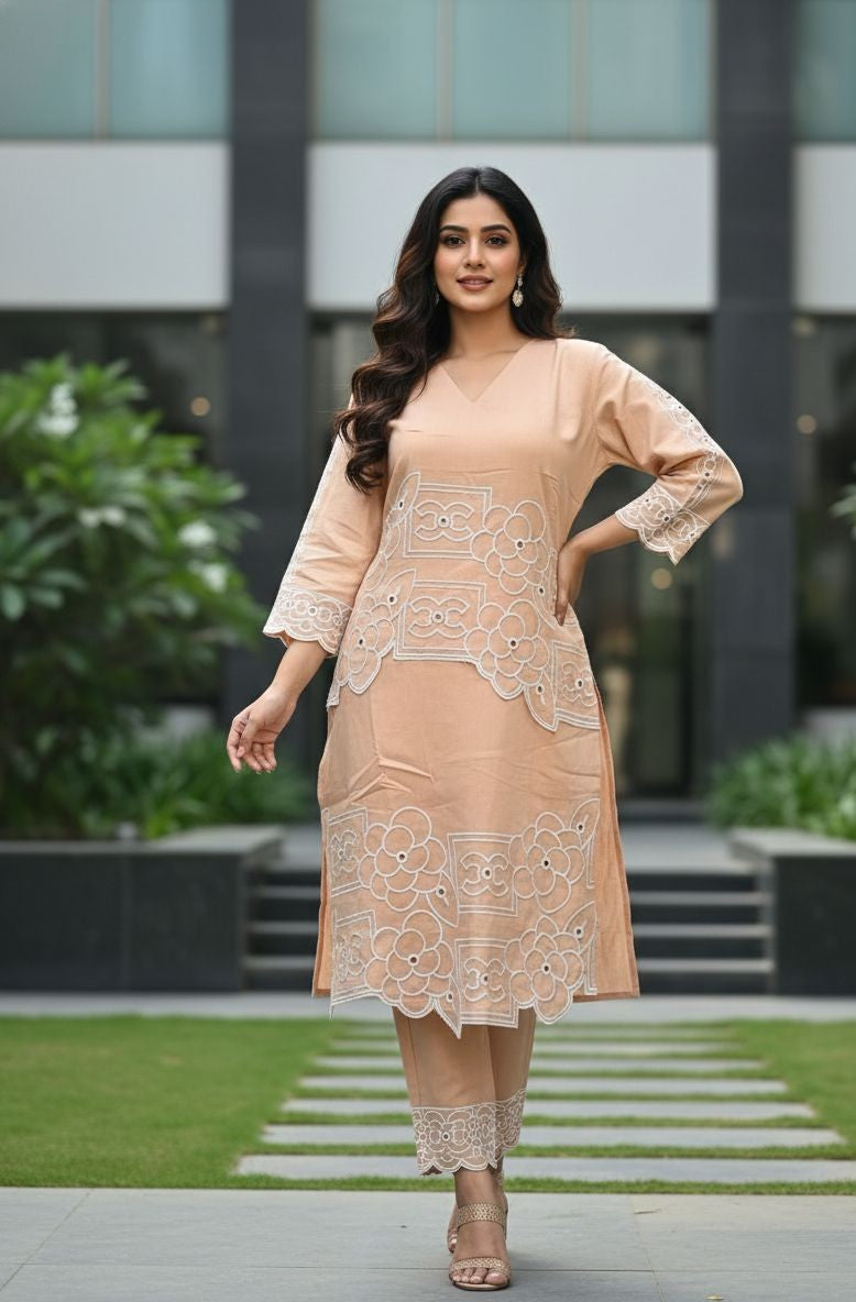 Peach Embroidered Kurti Set
