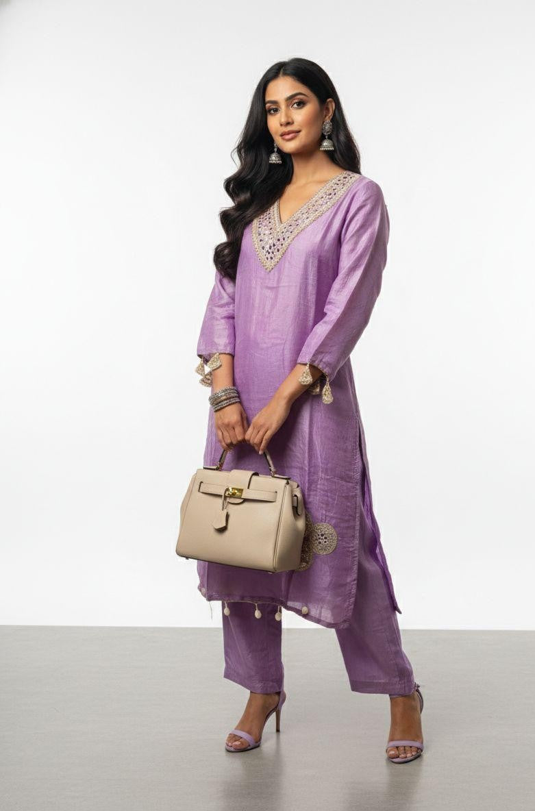 Lavender Embroidered Kurti Set