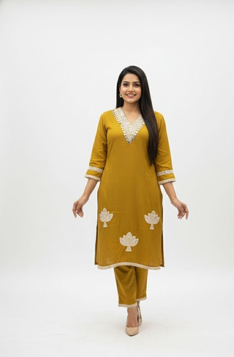 Mustard Embroidered Kurti Set