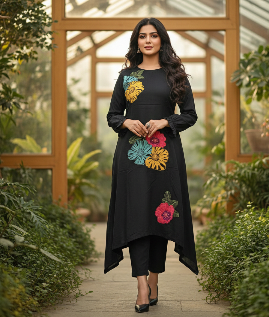 Designer Black Floral Kurti Set