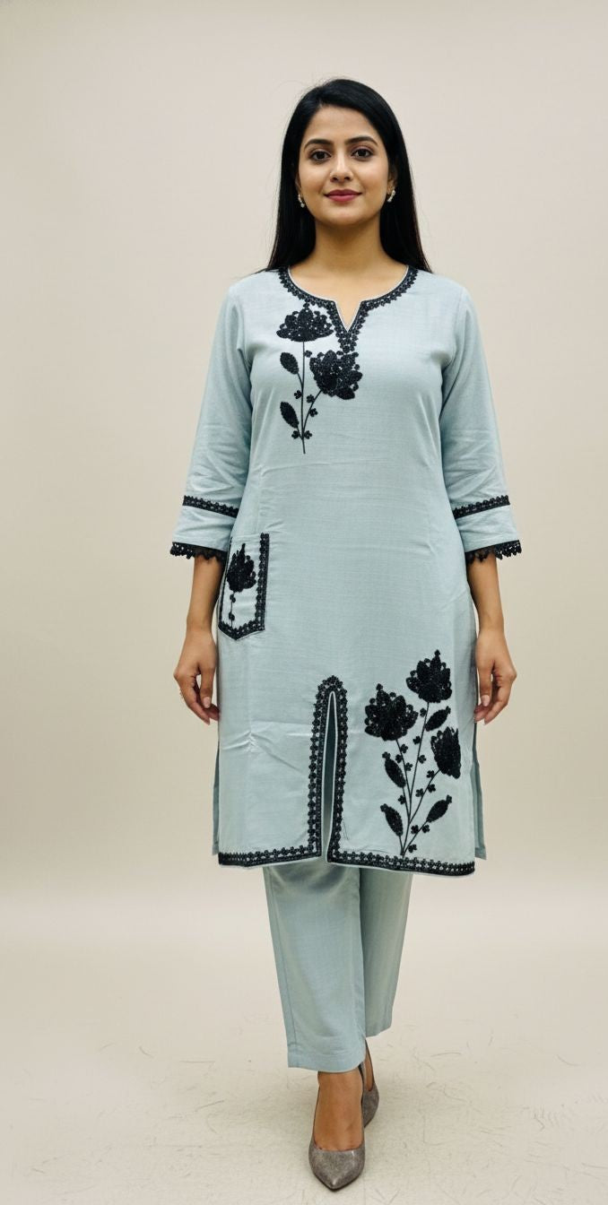Pastel Blue Embroidered Kurti Set